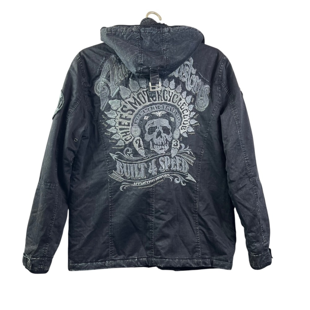Affliction Motorcycle Chief Jacket Mens XL Black Hooded Distressed Patches Skull
